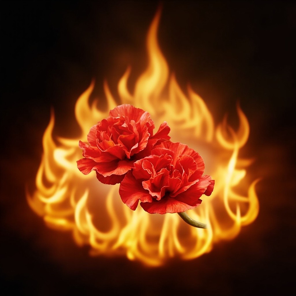 Two Carnations Laying on Eternal Flame