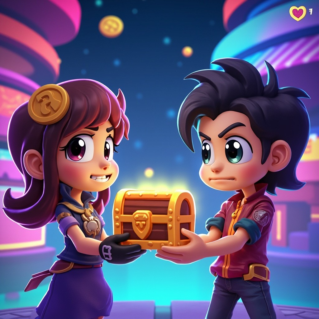 Two Cartoons Exchange Bright Treasure in Colorful Game World
