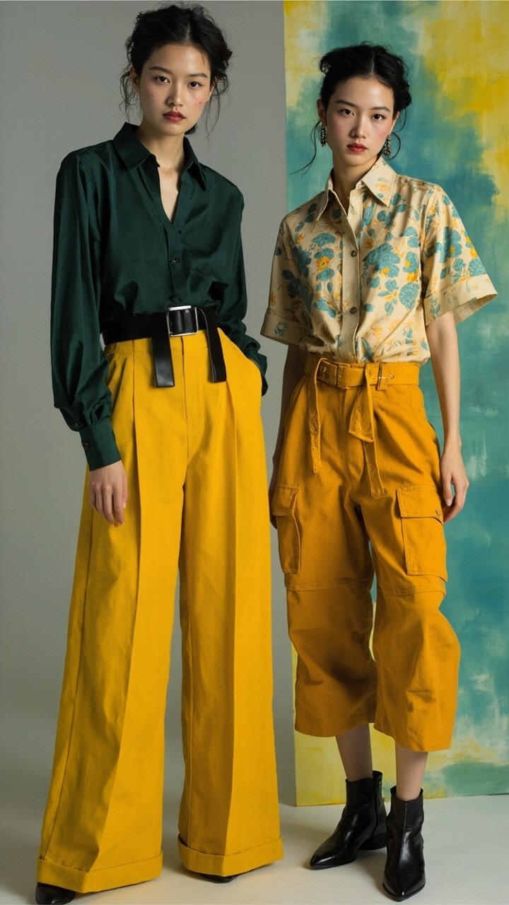 Two Confident Models in Bold Mustard Trousers