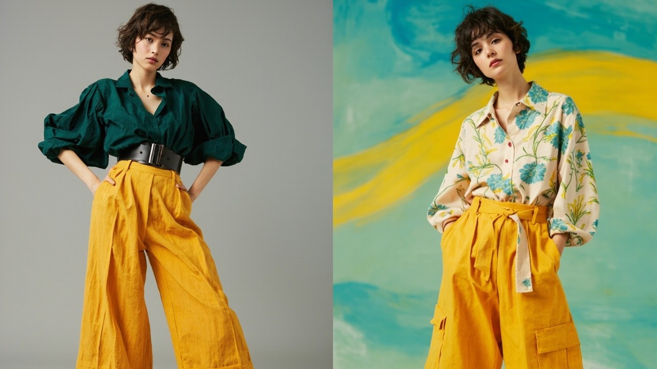 Two Confident Models in Bold Mustard Trousers
