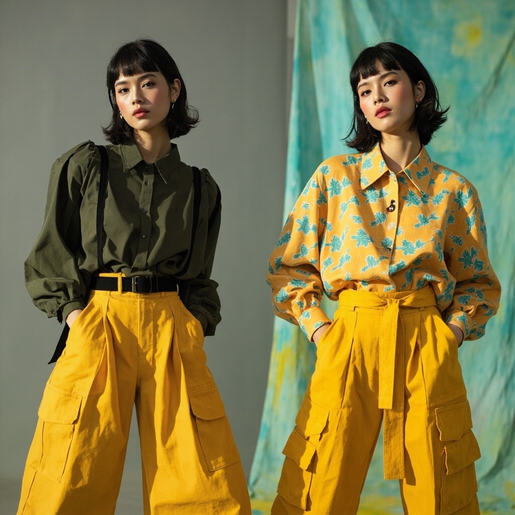 Two Confident Models in Mustard-Yellow Trousers