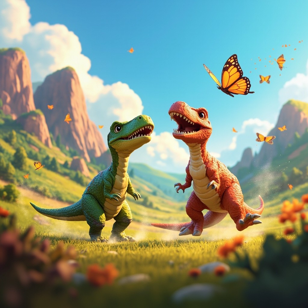 Two Dinosaurs Chasing Butterflies in Colorful Valley