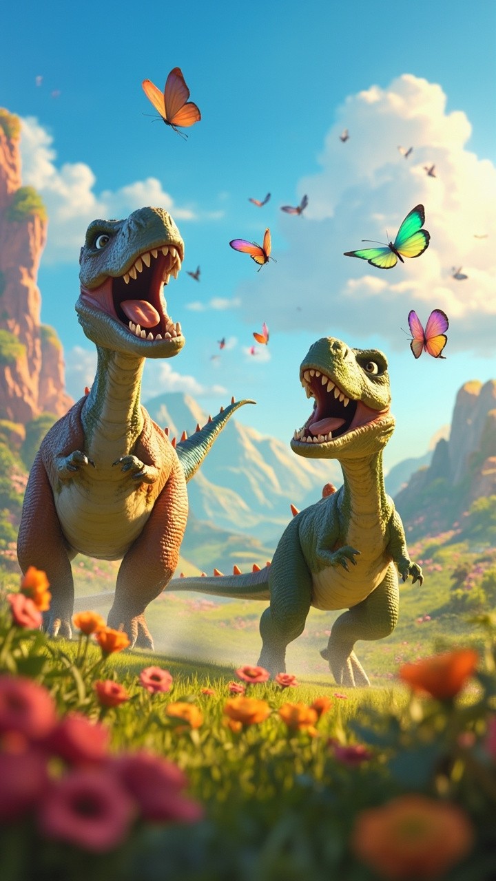 Two Dinosaurs Playfully Chase Butterflies in Pixar Valley