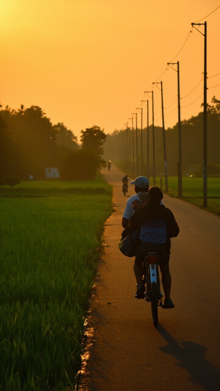 Two Friends Biking Towards Sunset in Countryside