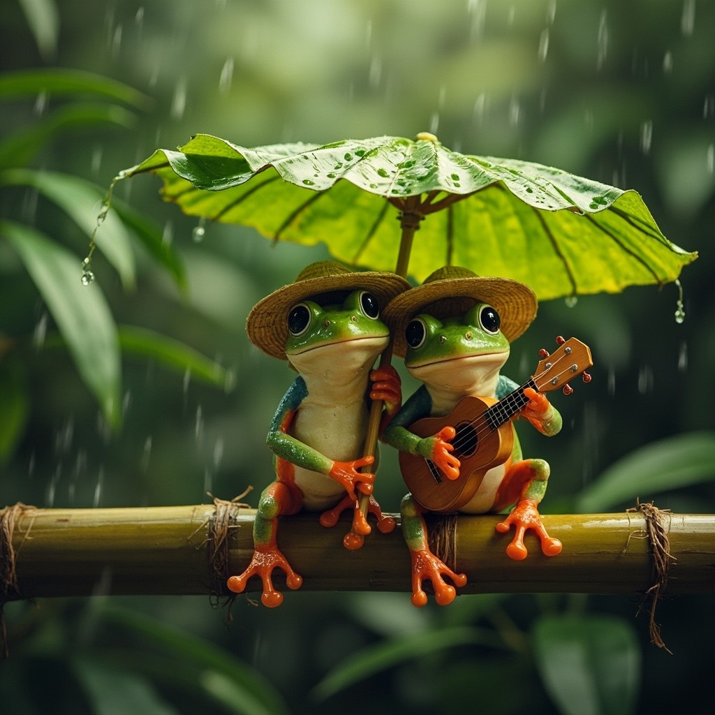 Two Frogs Enjoying Rain on Bamboo Branch