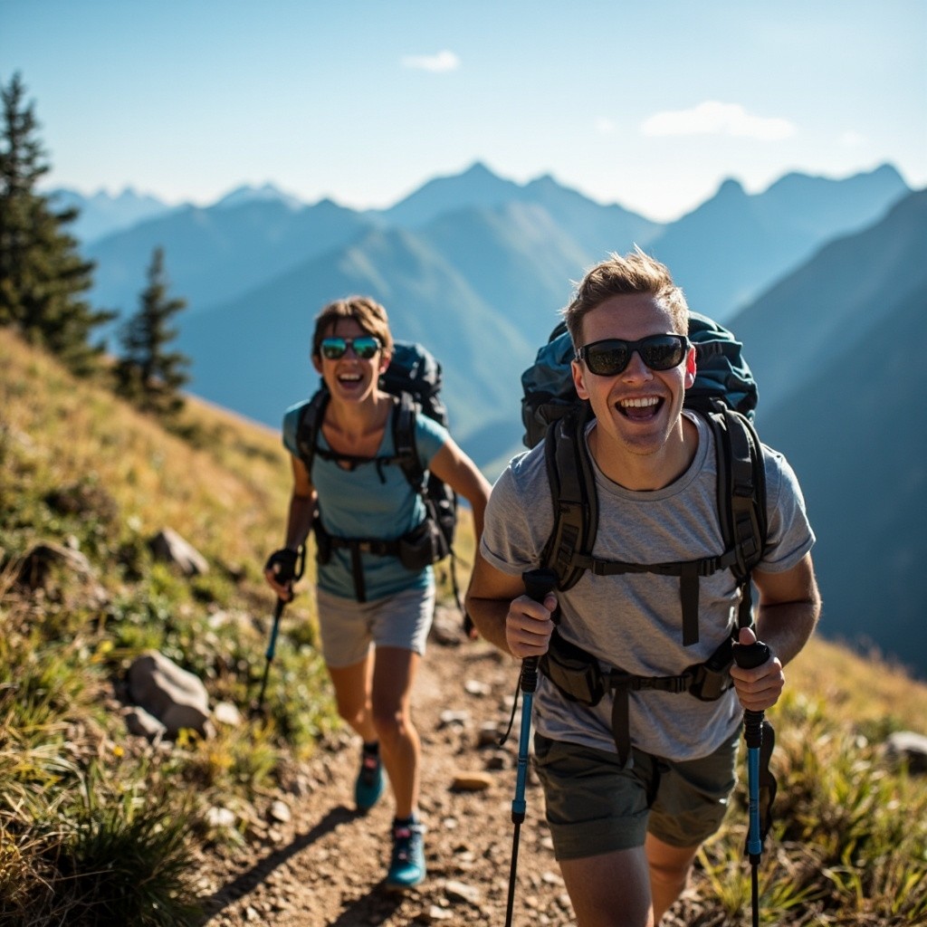 Two Happy Hikers Ascend Mountain Trail Amid Scenery