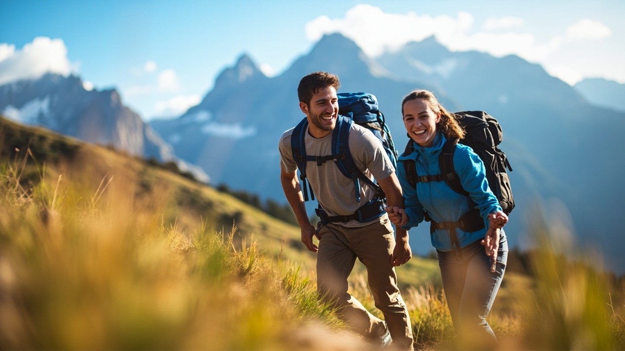 Two Happy Hikers Ascending Vibrant Mountain Trail