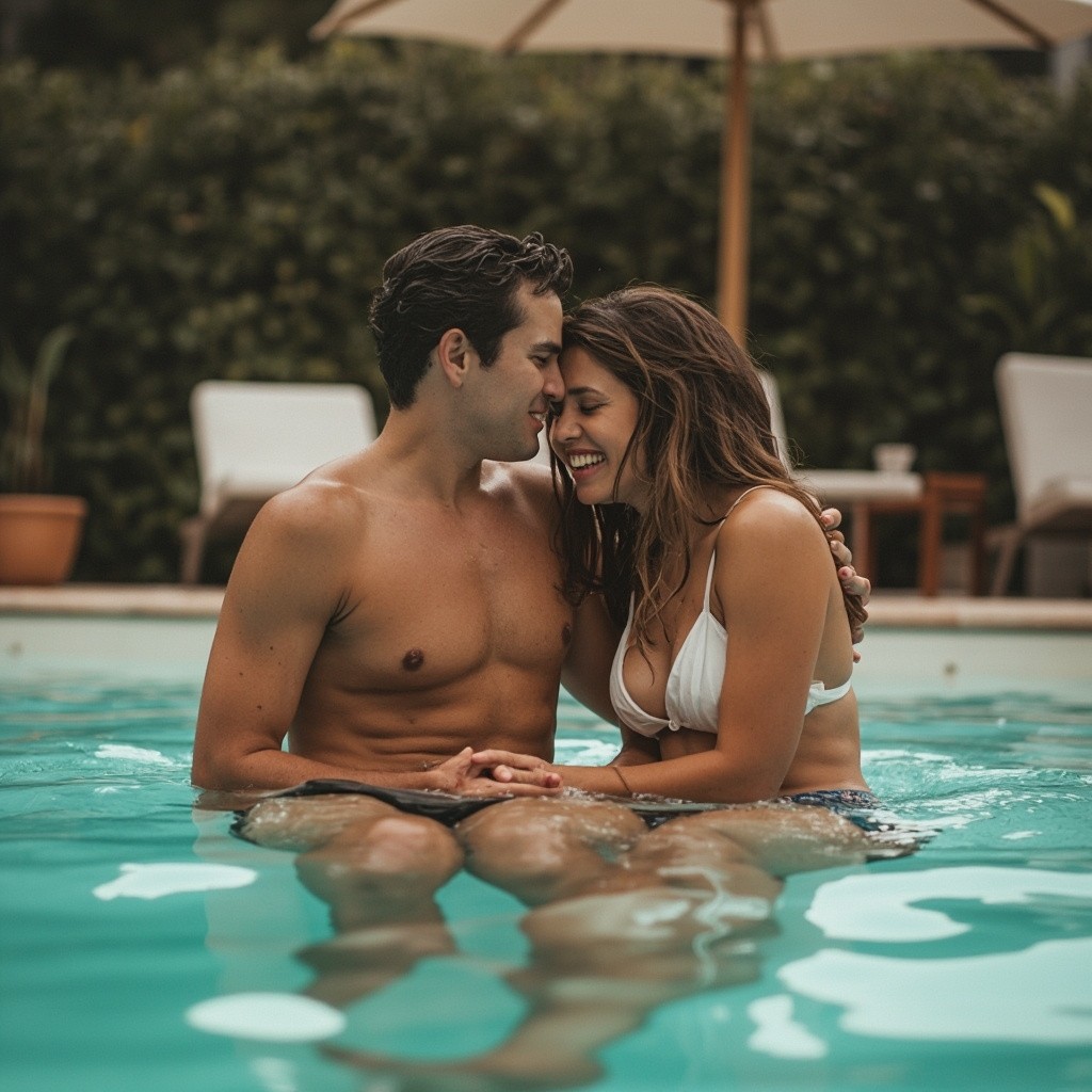 Two Lovers Swimming in Mom's Romantic Backyard Pool