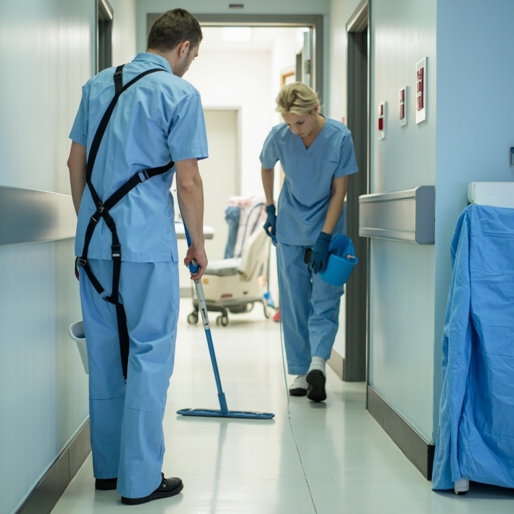 Two People Cleaning a Hospital in Uniforms