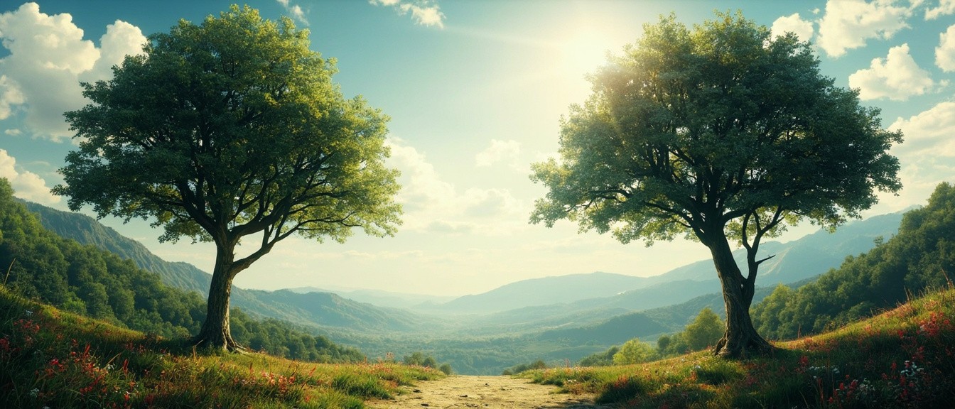 Two Realistic Trees with Beautiful Wilderness Pathway