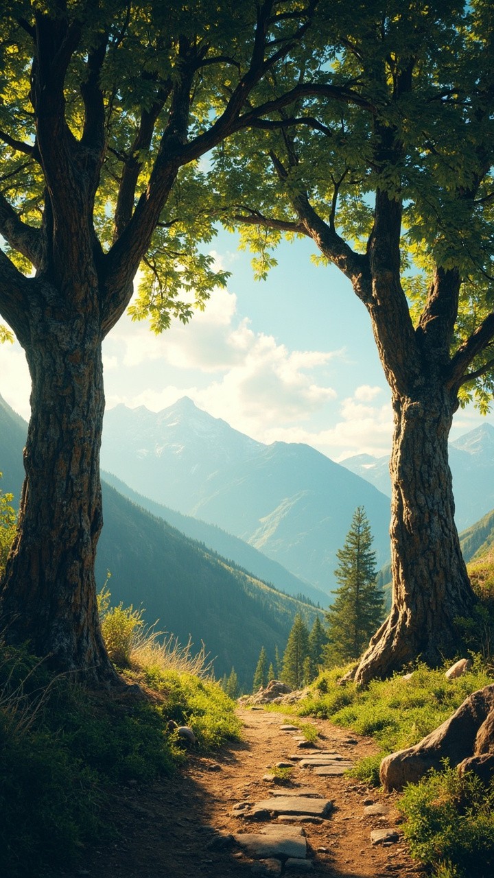 Two Realistic Trees with a Beautiful Wilderness Path