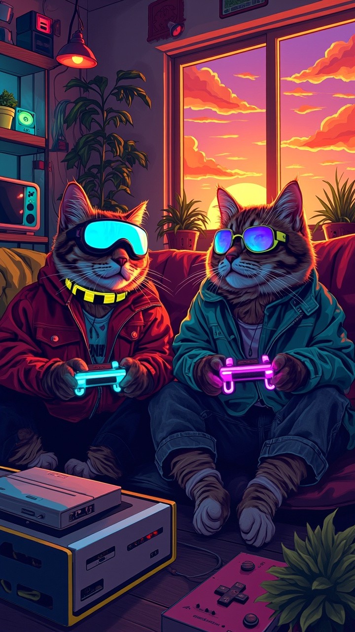 Two Stylish Cats Gaming in Cozy Sunset Room