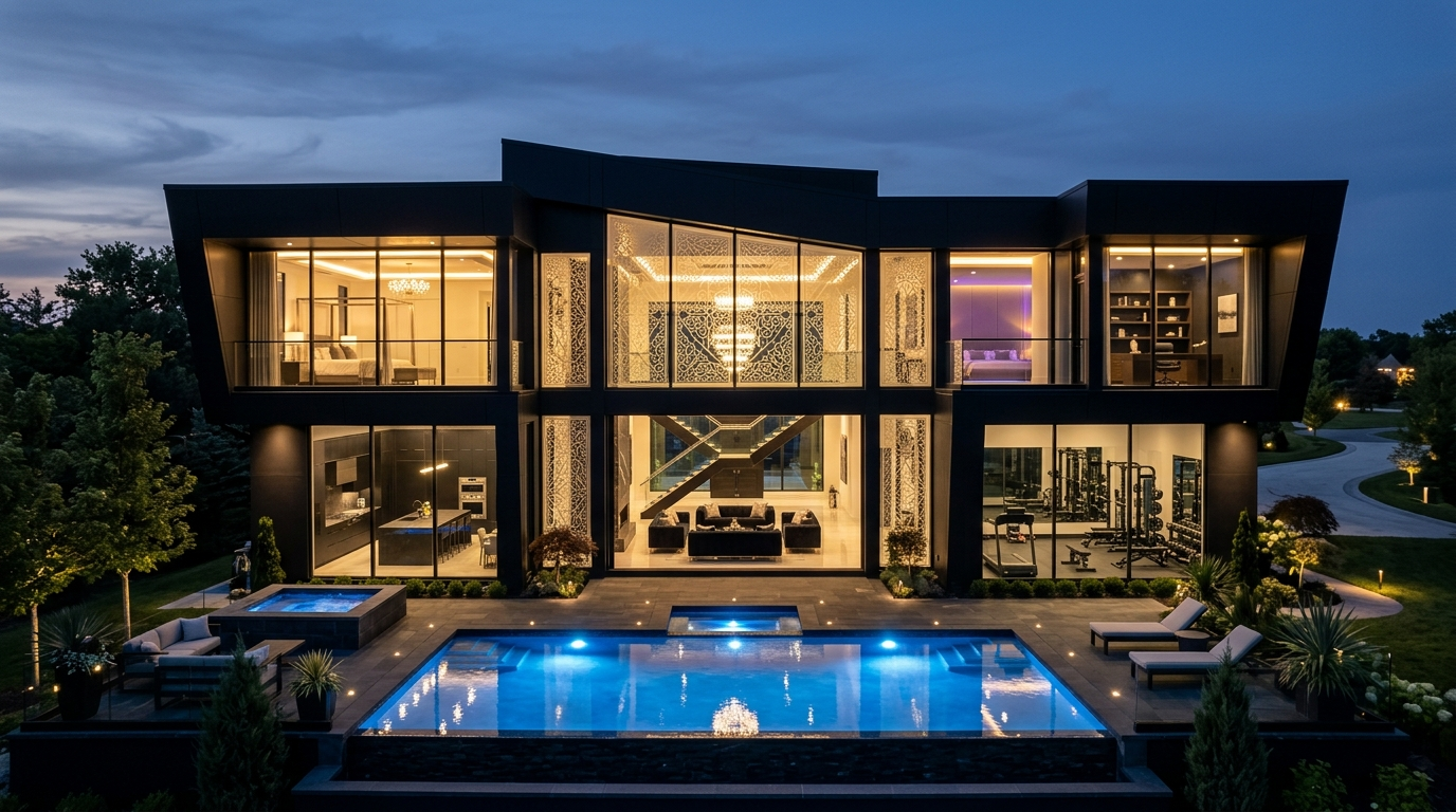 Luxury modern home at twilight with warm lighting