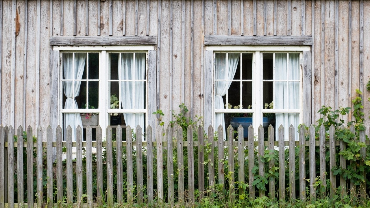 Unpainted Wooden House with Flower Pots and Fence