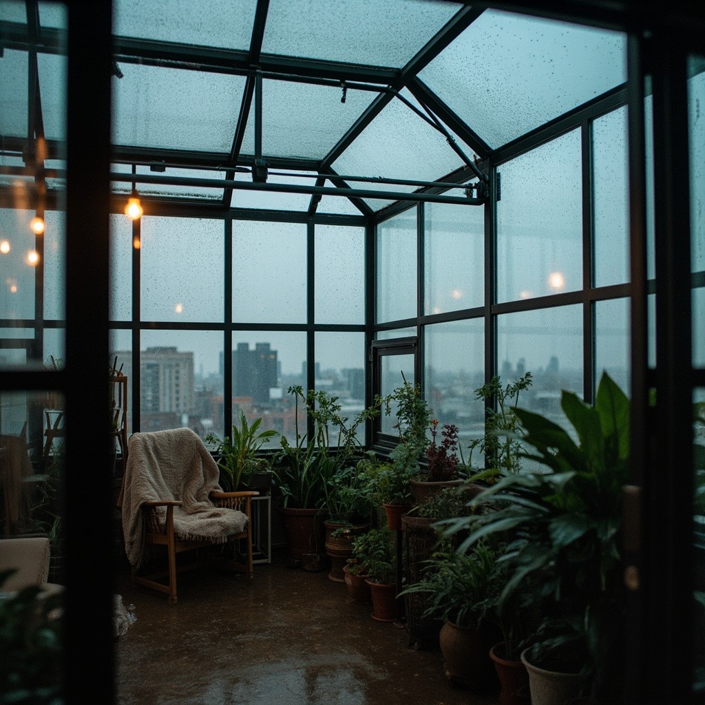 Urban Rooftop Greenhouse: Cozy Reading Space in Rain