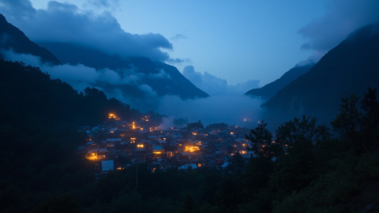 Village Under Lantern Glow Amidst Peaks and Clouds