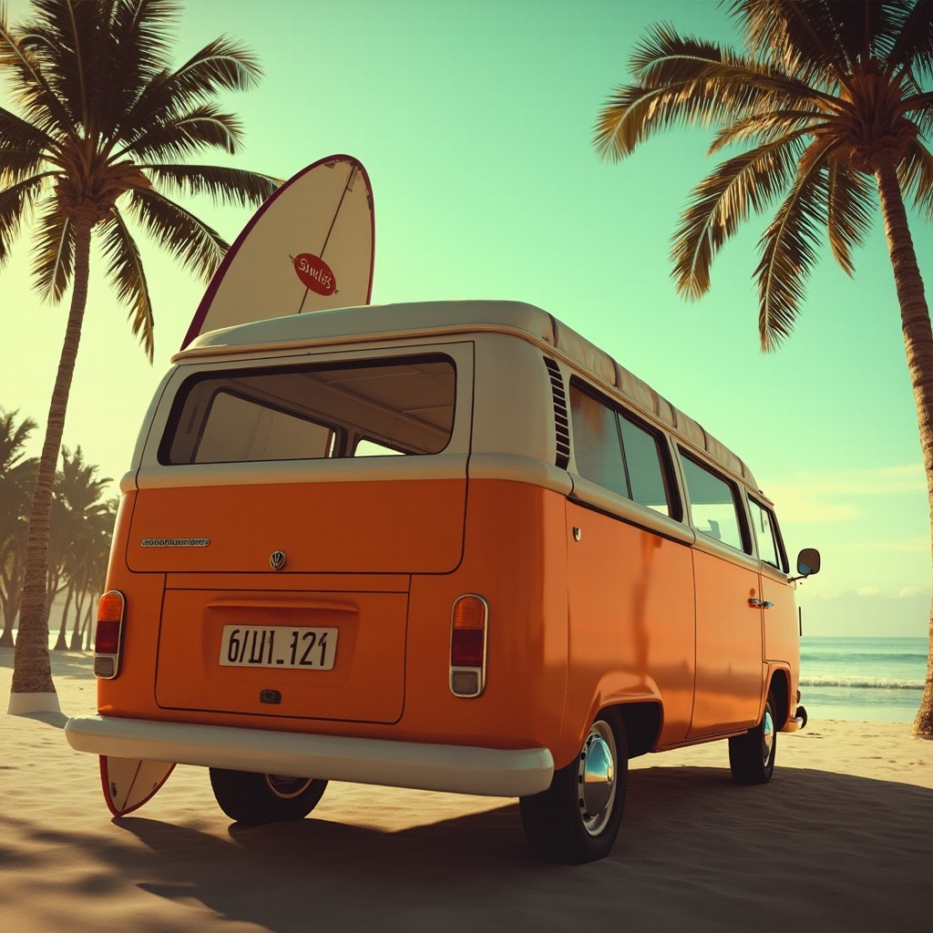 Vintage Van with Surfboard at Beach