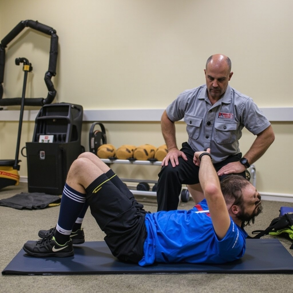 Volunteer Assisting Athlete with Sports Rehabilitation Exercise