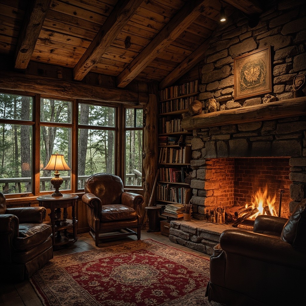 Warm, Cozy Cabin with Books and Leather Furniture