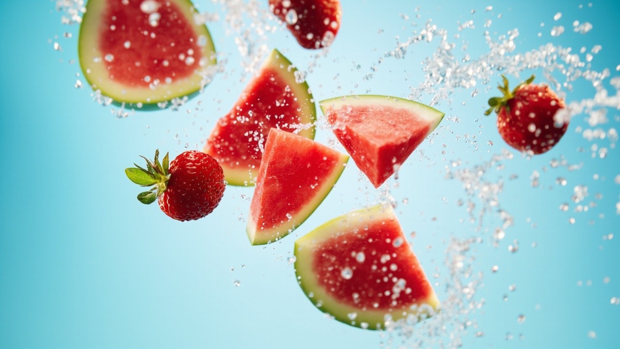 Watermelon and Strawberries Tossed in Slow-motion