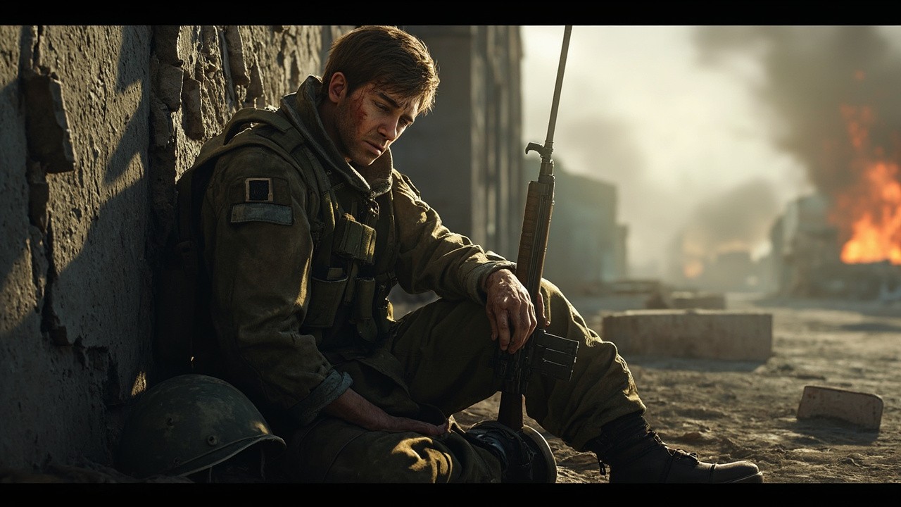 Weary Soldier Resting in War-Torn City