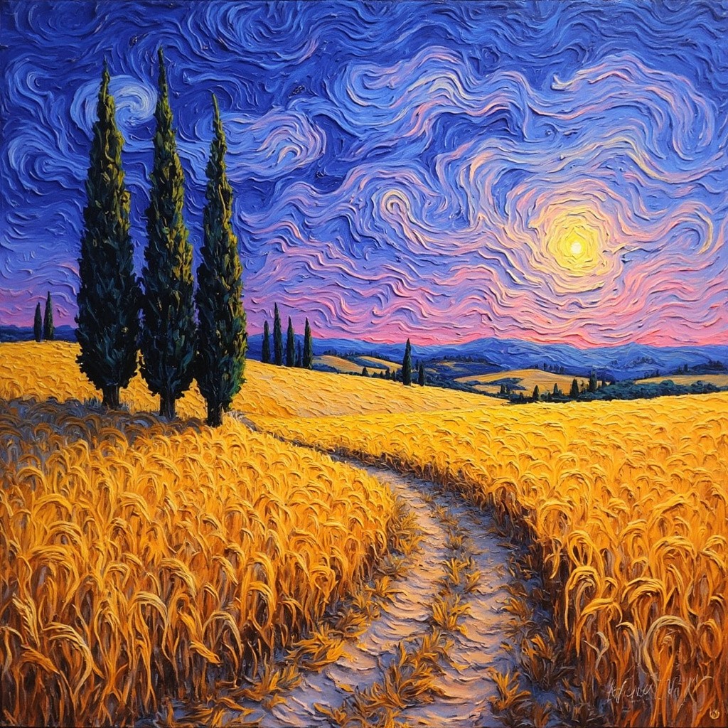 Wheat Fields and Cypress Trees at Twilight