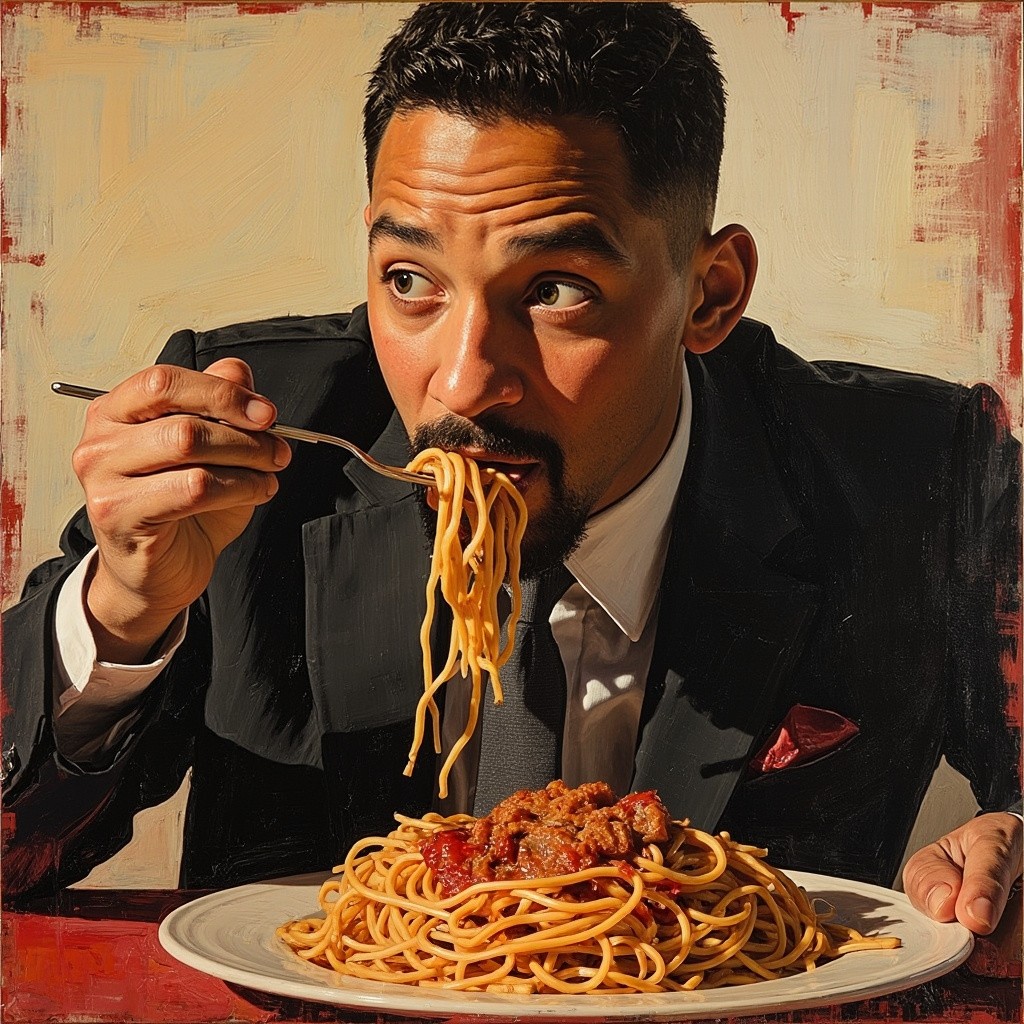 Will Smith Enjoying Spaghetti in Oil Painting