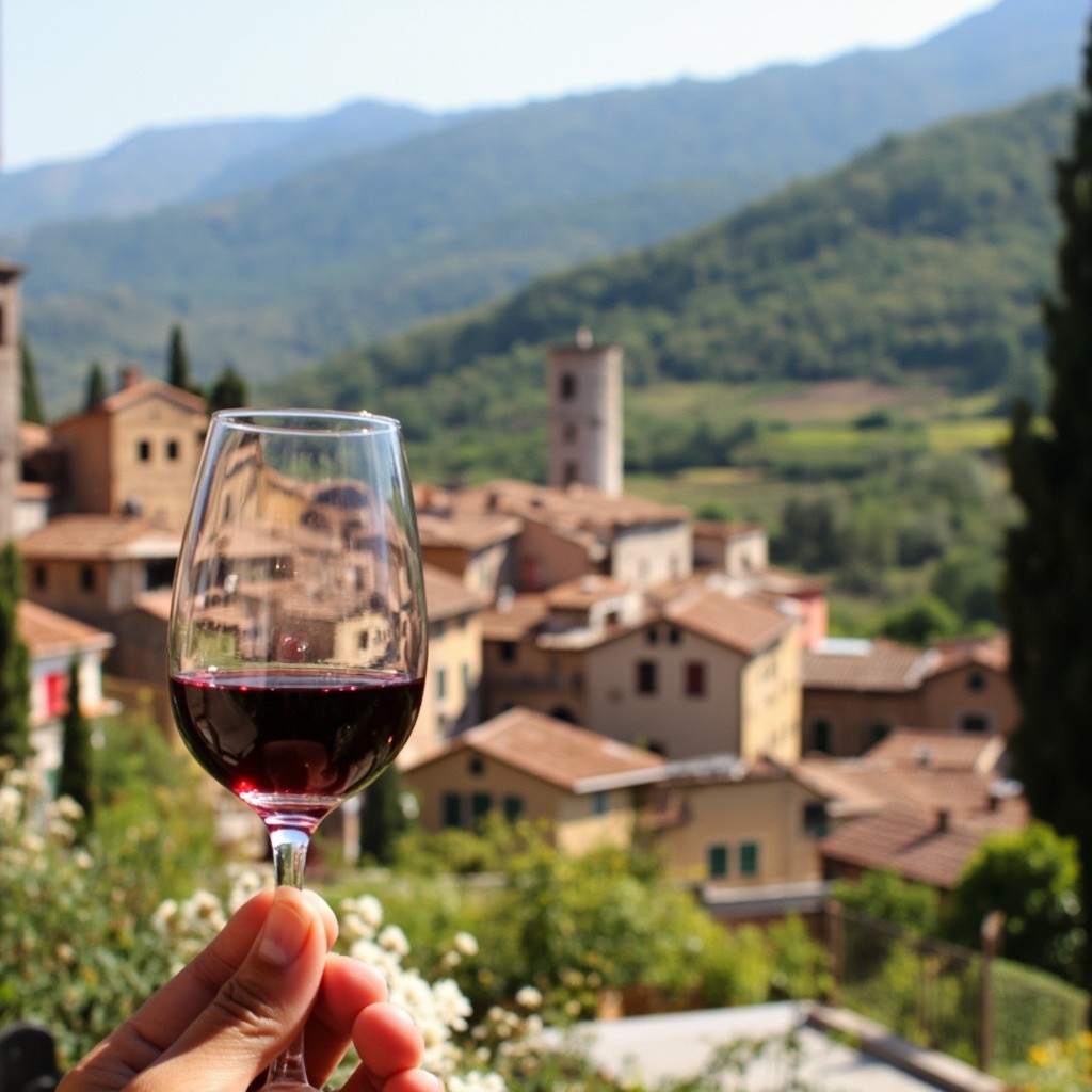 Wine Glass Against Italian Village Background