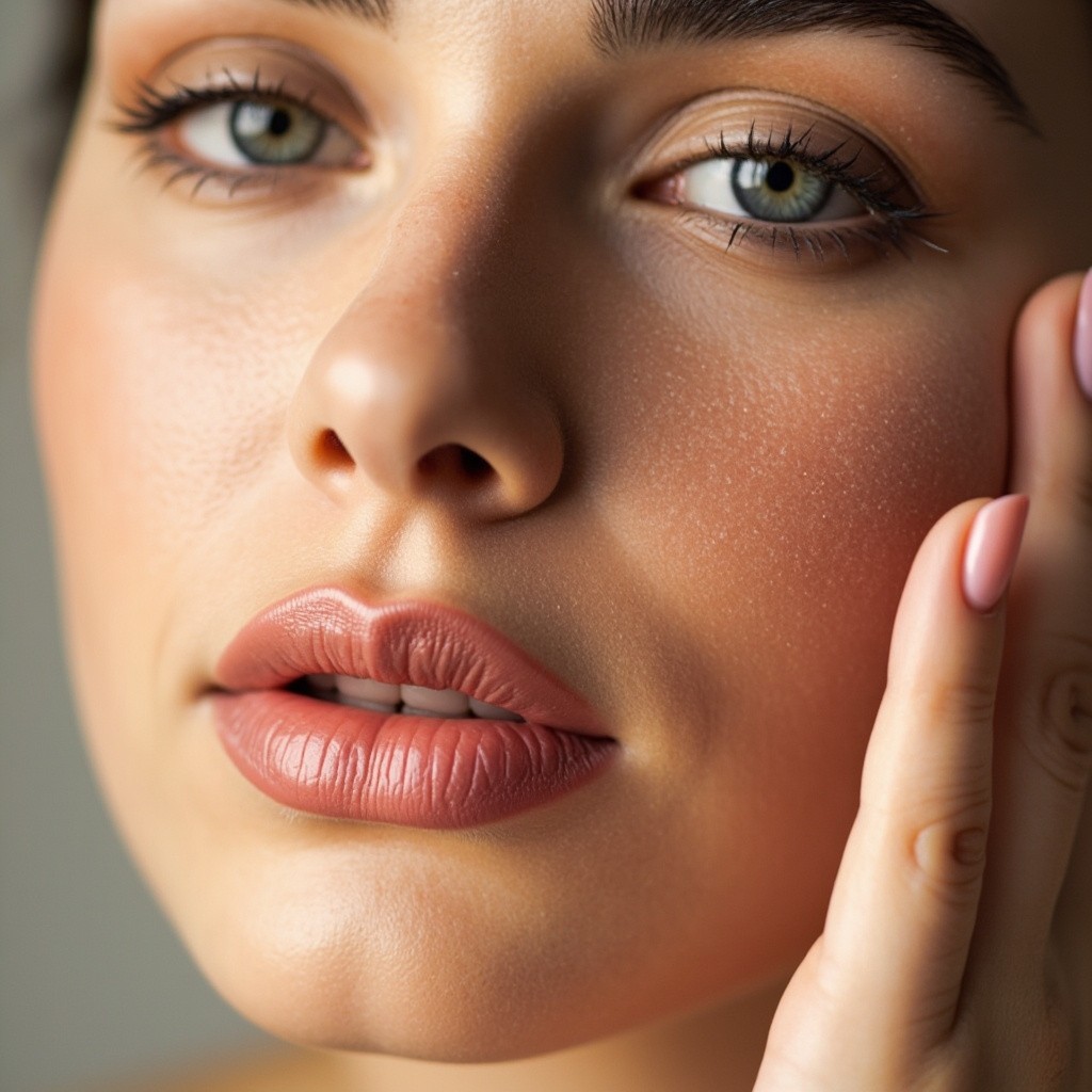 Woman's Face Close-up, Pastel Pink Nails, Dewy Skin