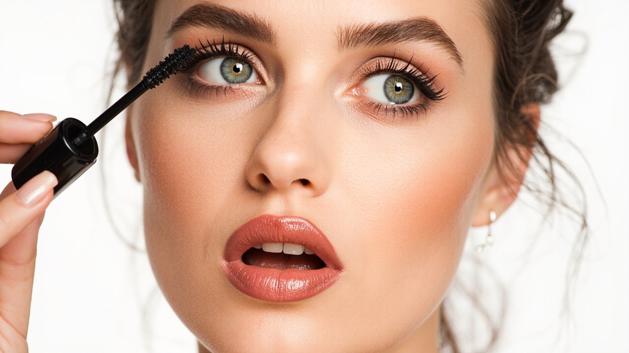 Woman Applying Mascara with Pouty Expression