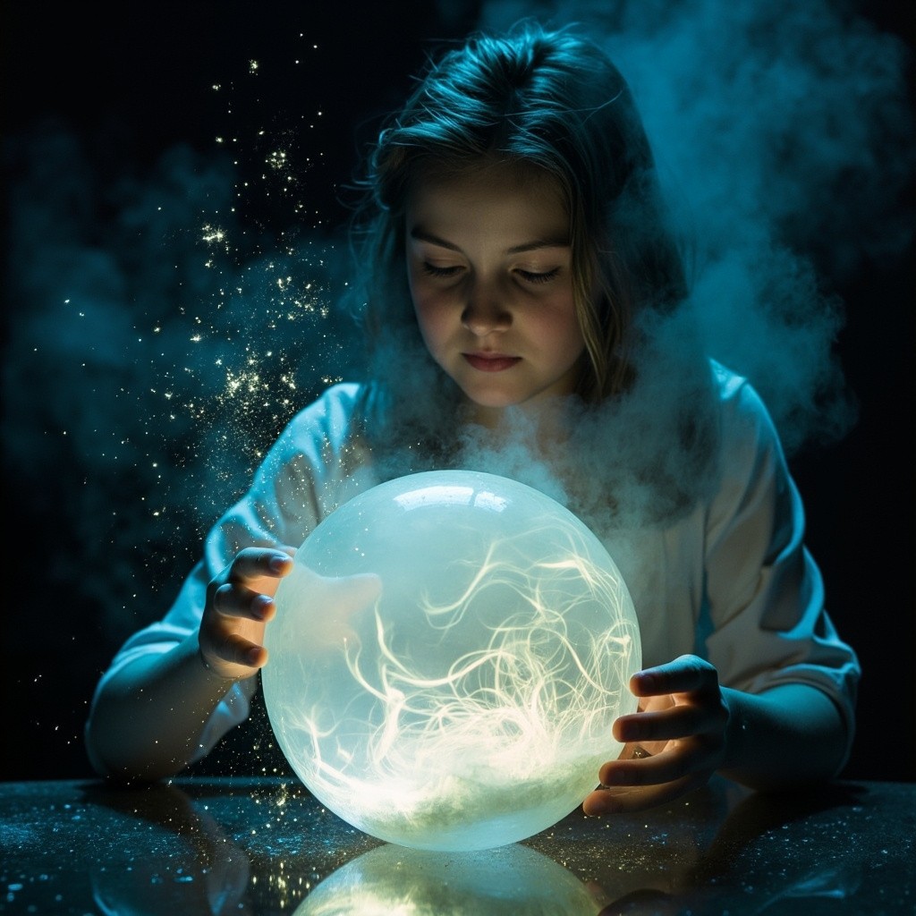 Woman Cutting Into a Magical Light Orb