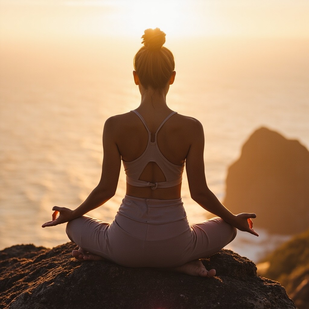 Woman Meditating at Sunrise Above the Ocean