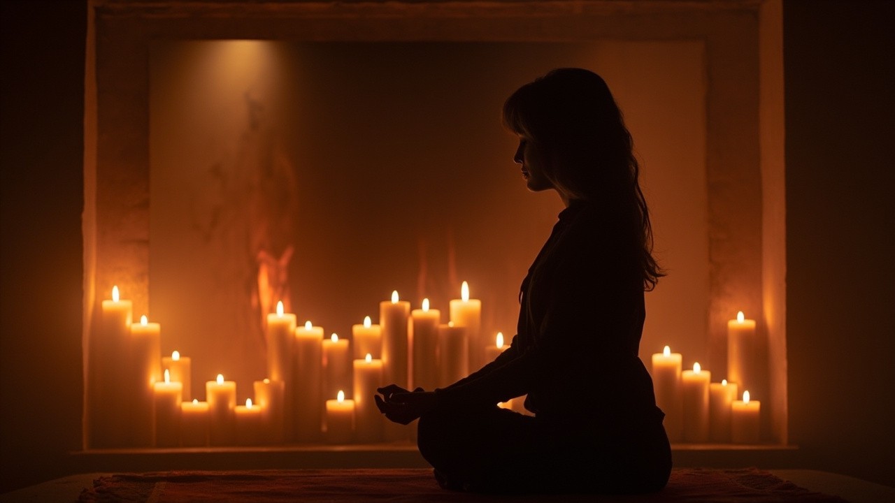 Woman Meditating by the Fireplace and Candles