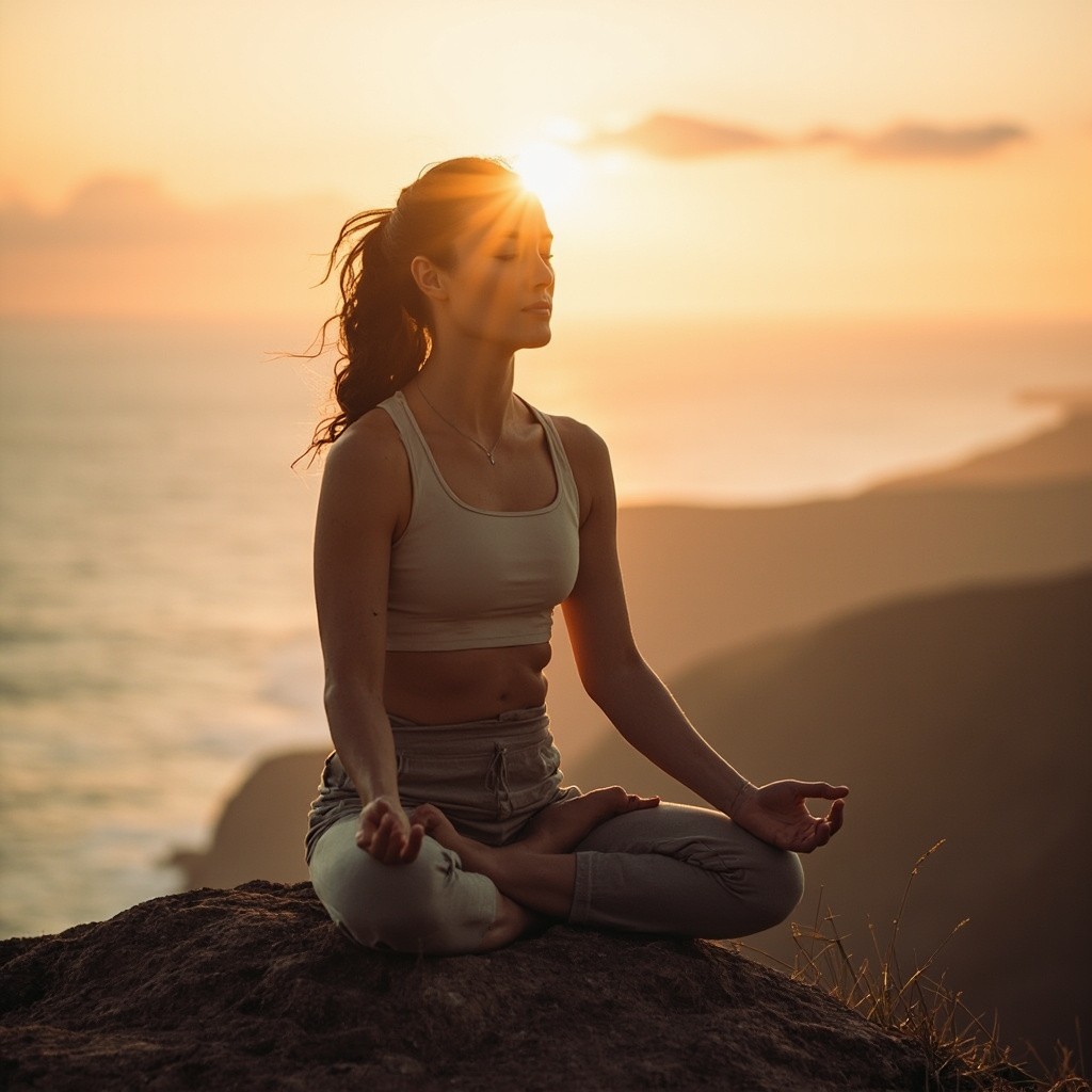 Woman Meditating on a Cliff during Sunrise