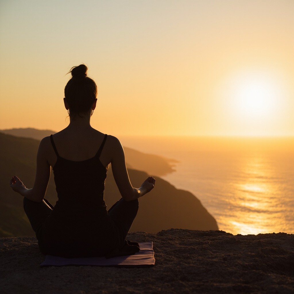 Woman Practicing Yoga on Cliff at Sunrise