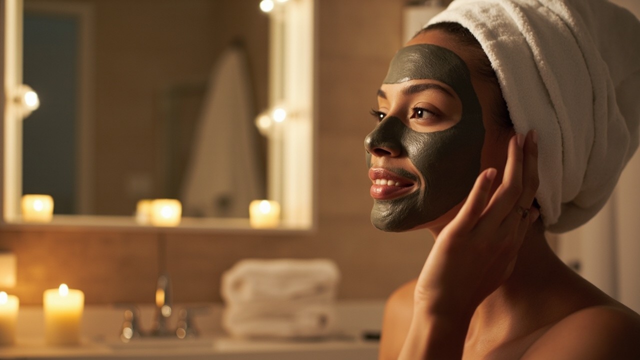 Woman Putting Clay Mask in Candlelit Bathroom