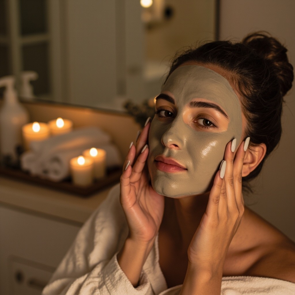 Woman Putting on Clay Mask in Candlelit Bathroom
