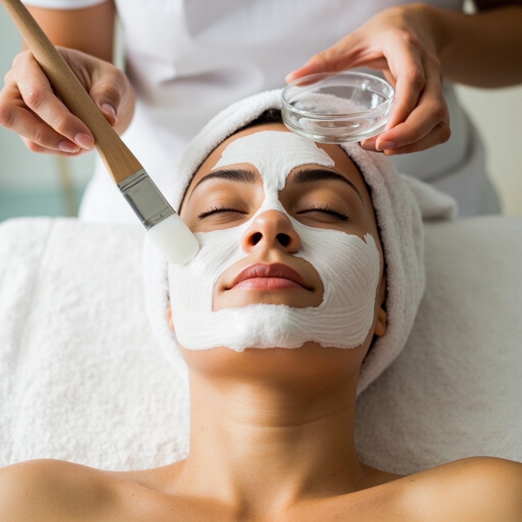 Woman Receiving Facial Treatment at Bright Spa