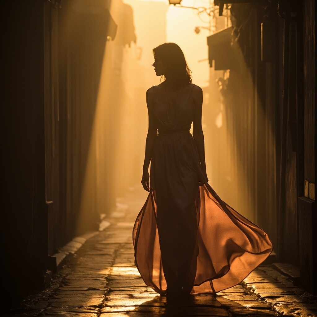 Woman Walking in Misty European Alley at Sunset