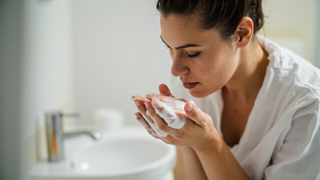 Woman Washing Hands in a Bright Bathroom