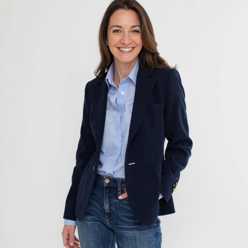 Woman Wearing Navy Blue Blazer, Light Blue Shirt, Mid-wash Jeans