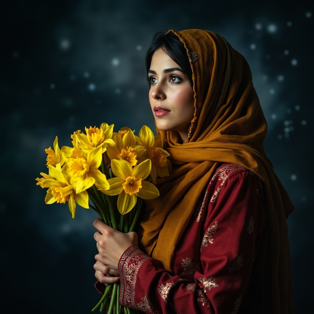 Woman in Chador Hijab with Daffodils Under Stars