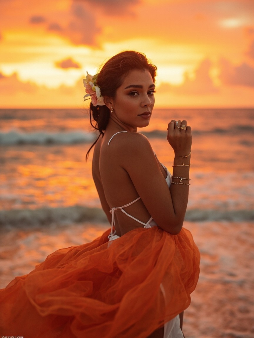Woman in Elegant Dress Enjoying Tropical Sunset