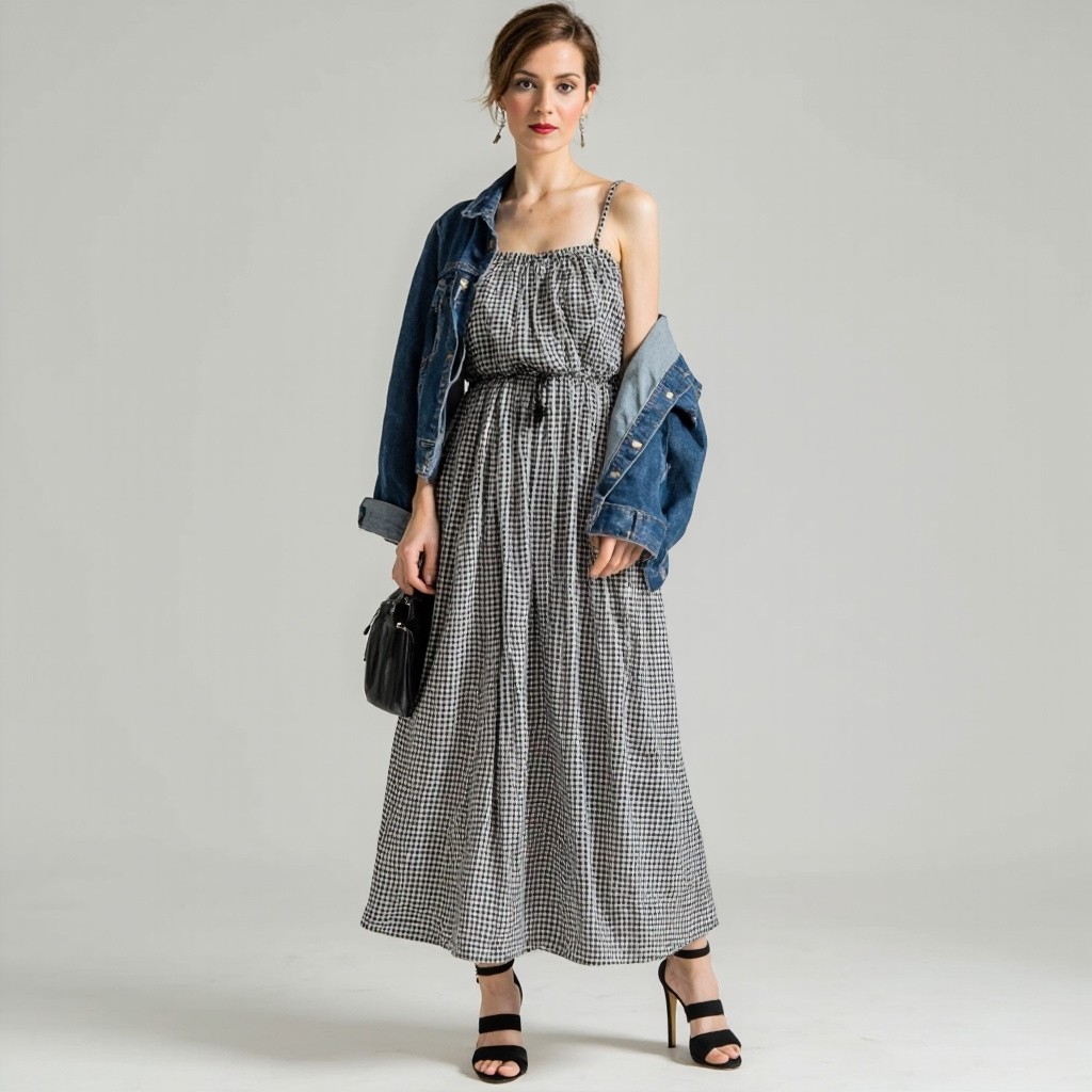 Woman in Gingham Dress with Denim Jacket
