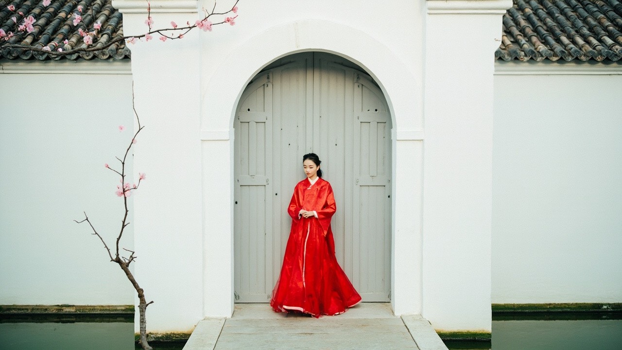Woman in Red Hanfu by Ancient Huizhou Building
