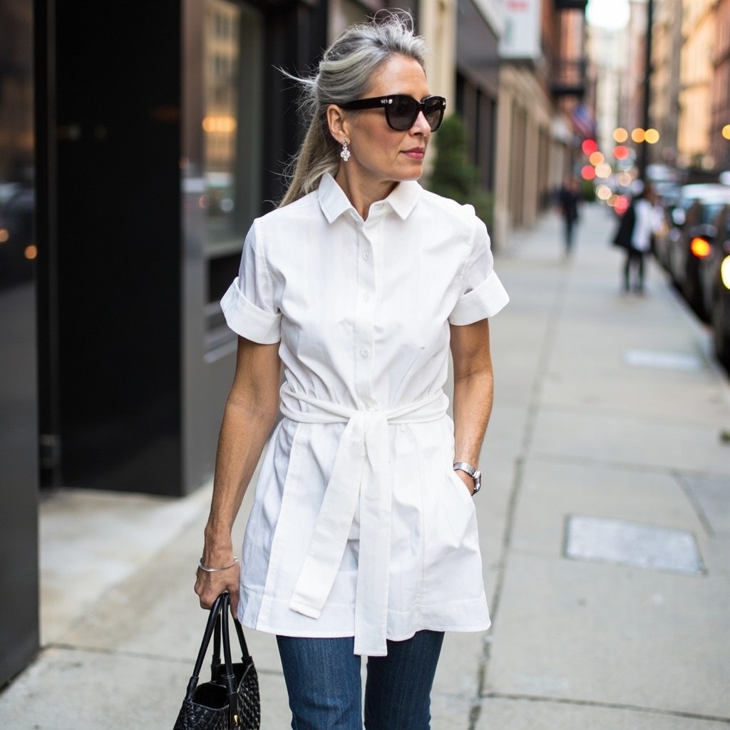 Woman in White Poplin Dress and Denim in City