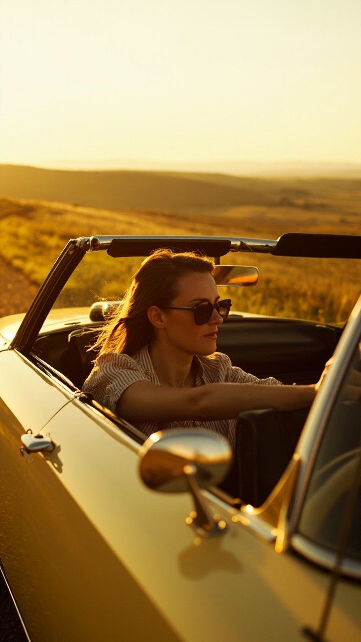 Woman on Countryside Drive in Vintage Convertible