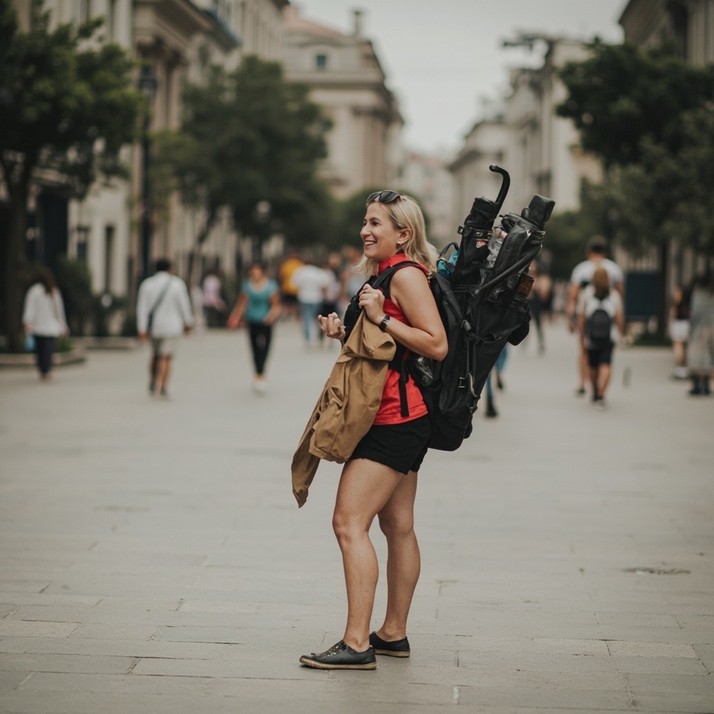 Woman with Shorts and Muscle Carrying Umbrella Backpack