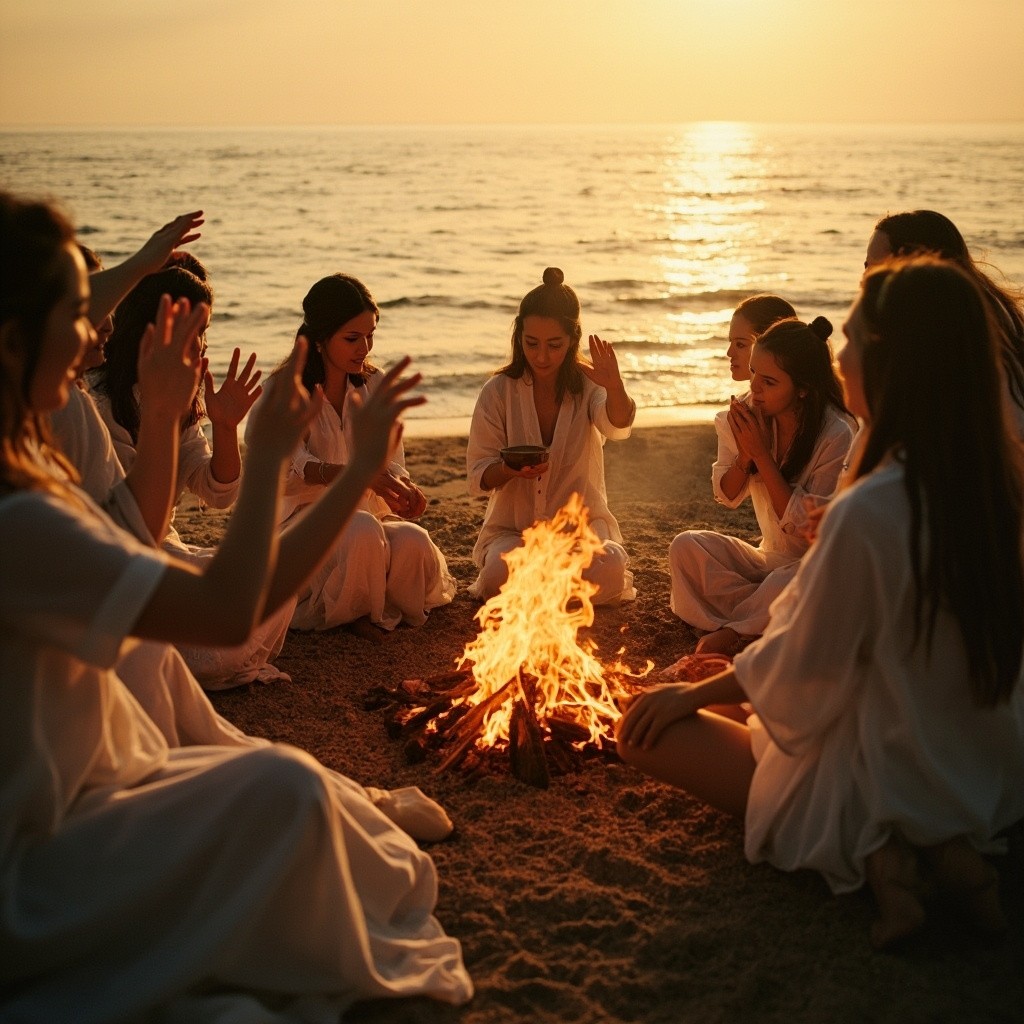 Women in White Circle Around Fire at Sunset