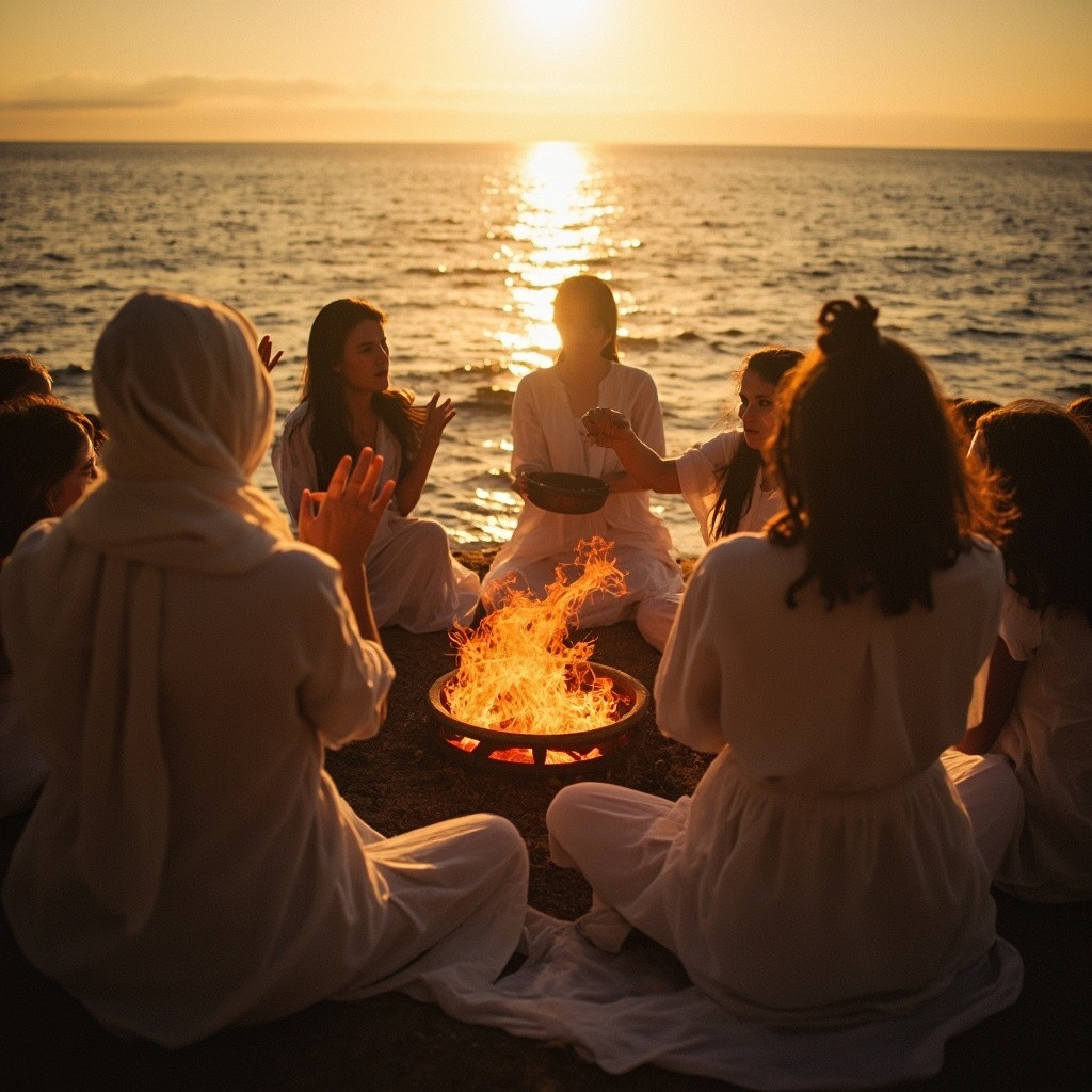 Women in White Performing Ritual Near Sunset Sea